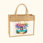 Personalised Summer Vibes Cartoon Character Large Jute Tote Bag with Name and Cotton Pocket Beach Wedding Party Favor Gift for Women