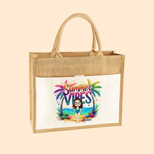 Personalisierte Sommer Vibes Cartoon-Charakter große Jute Tasche mit Namen und Baumwolle Tote Bag Strand Hochzeit Party Gunst Geschenk für Frauen