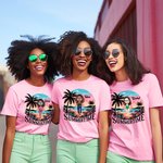 Personalized Cartoon Summertime Beach Sunset Palm Tree 100% Cotton T-shirt with Name Vacation Party Gift for Girls Women