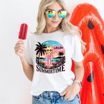 Personalized Cartoon Summertime Beach Sunset Palm Tree 100% Cotton T-shirt with Name Vacation Party Gift for Girls Women