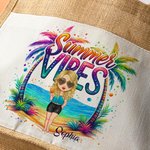 Personalised Summer Vibes Cartoon Character Large Jute Tote Bag with Name and Cotton Pocket Beach Wedding Party Favor Gift for Women