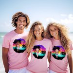 Personalised Cartoon Beach Sunset Palm Tree 100% Cotton Unisex T-Shirt with Birth Flower and Name Summer Holiday Beach Party Gift for Women Men