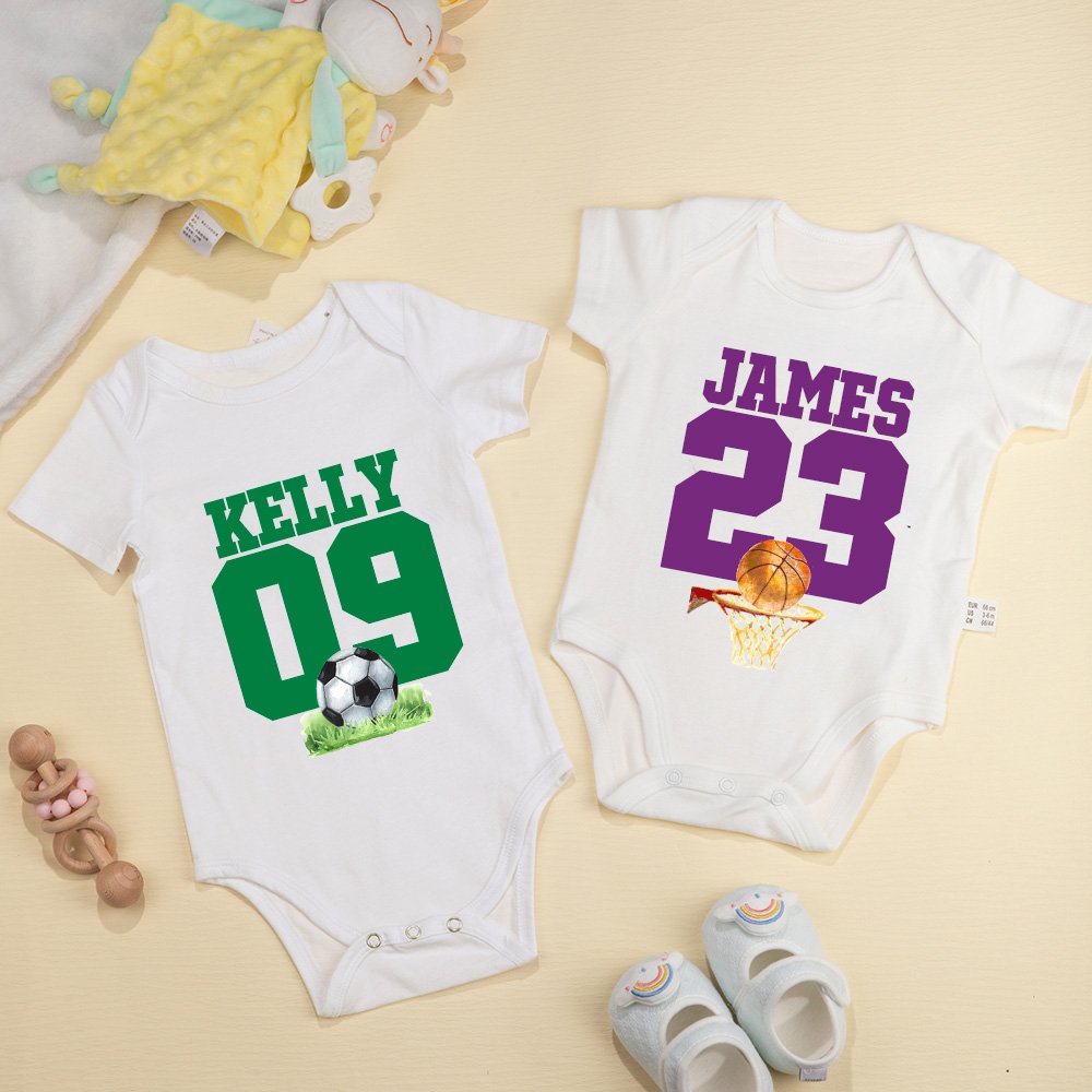 Personalized Football Basketball Sport Theme 100% Cotton Game Day Baby Bodysuit with Name and Number Birthday Baby Shower Gift for Newborns 2