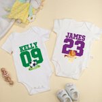 Personalized Football Basketball Sport Theme 100% Cotton Game Day Baby Bodysuit with Name and Number Birthday Baby Shower Gift for Newborns 2