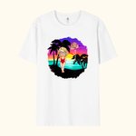 Personalised Cartoon Beach Sunset Palm Tree 100% Cotton Unisex T-Shirt with Birth Flower and Name Summer Holiday Beach Party Gift for Women Men