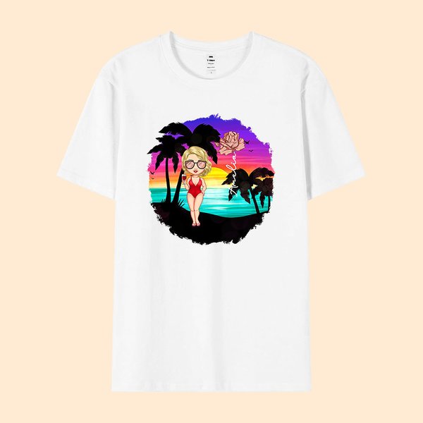 Personalised Cartoon Beach Sunset Palm Tree 100% Cotton Unisex T-Shirt with Birth Flower and Name Summer Holiday Beach Party Gift for Women Men