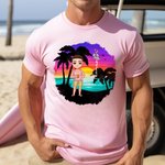 Personalised Cartoon Beach Sunset Palm Tree 100% Cotton Unisex T-Shirt with Birth Flower and Name Summer Holiday Beach Party Gift for Women Men