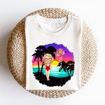 Personalised Cartoon Beach Sunset Palm Tree 100% Cotton Unisex T-Shirt with Birth Flower and Name Summer Holiday Beach Party Gift for Women Men