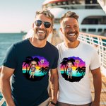 Personalised Cartoon Beach Sunset Palm Tree 100% Cotton Unisex T-Shirt with Birth Flower and Name Summer Holiday Beach Party Gift for Women Men