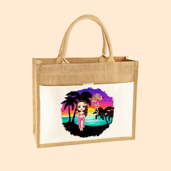 Personalised Summer Vibes Cartoon Character Birth Flower Large Tote Bag with Name and Cotton Pocket Beach Party Favor Gift for Women