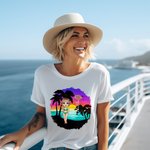 Personalised Cartoon Beach Sunset Palm Tree 100% Cotton Unisex T-Shirt with Birth Flower and Name Summer Holiday Beach Party Gift for Women Men