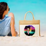 Personalised Summer Vibes Cartoon Character Birth Flower Large Tote Bag with Name and Cotton Pocket Beach Party Favor Gift for Women