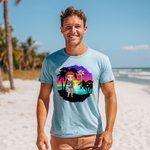 Personalised Cartoon Beach Sunset Palm Tree 100% Cotton Unisex T-Shirt with Birth Flower and Name Summer Holiday Beach Party Gift for Women Men