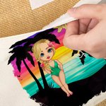 Personalised Summer Vibes Cartoon Character Birth Flower Large Tote Bag with Name and Cotton Pocket Beach Party Favor Gift for Women