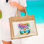 Personalised Summer Vibes Cartoon Character Large Jute Tote Bag with Name and Cotton Pocket Beach Wedding Party Favor Gift for Women