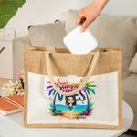 Personalised Summer Vibes Cartoon Character Large Jute Tote Bag with Name and Cotton Pocket Beach Wedding Party Favor Gift for Women