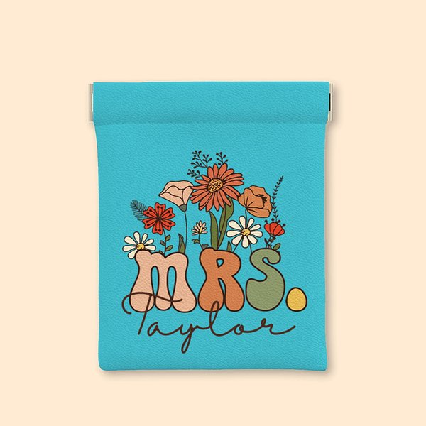 Personalized Retro Wildflower Mrs Coin Earphones Leather Squeeze Pouch Storage Bag with Name Bridal Shower Teacher Appreciation Gift for Women