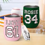 Personalised Multicolour Softball Baseball 12oz Wine Tumbler with Name Number and Lid Birthday Sport Accessories Gift for Softball Baseball Lover