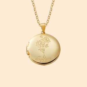Gepersonaliseerde Geboortebloem Ketting met  Fotomedaillon en Gegraveerde Naam Verjaardag- en Jubileumcadeau voor Dames