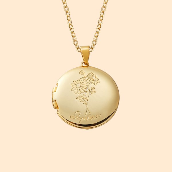 Gepersonaliseerde Geboortebloem Ketting met  Fotomedaillon en Gegraveerde Naam Verjaardag- en Jubileumcadeau voor Dames