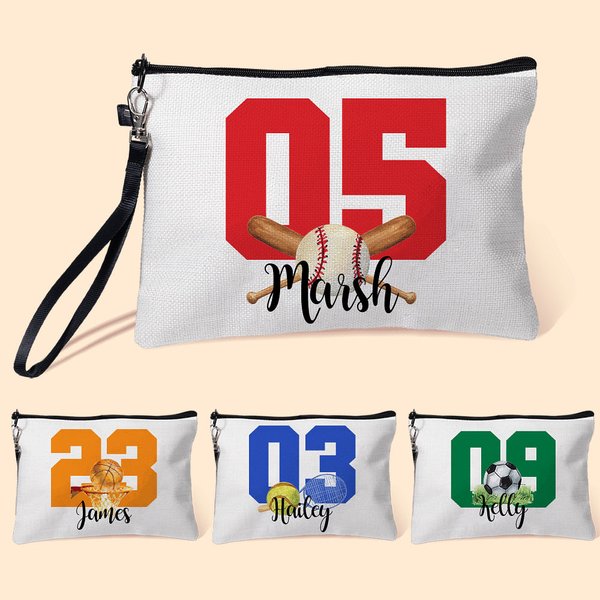 Personalisierte Baseball Football Baseball Sport Thema Leinen Handtäschchen Schminktasche mit Zahl und Name Geburtstag Spiel Tag Geschenk für Sportlie