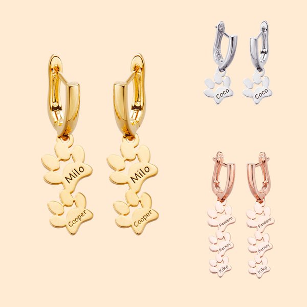 Personalised Cute 1-3 Dog Paw Prints Women Huggie Hoop Earrings with Engraved Name Birthday Memorial Gift for Pet Lovers