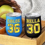 Personalised Multicolour Softball Baseball 12oz Wine Tumbler with Name Number and Lid Birthday Sport Accessories Gift for Softball Baseball Lover