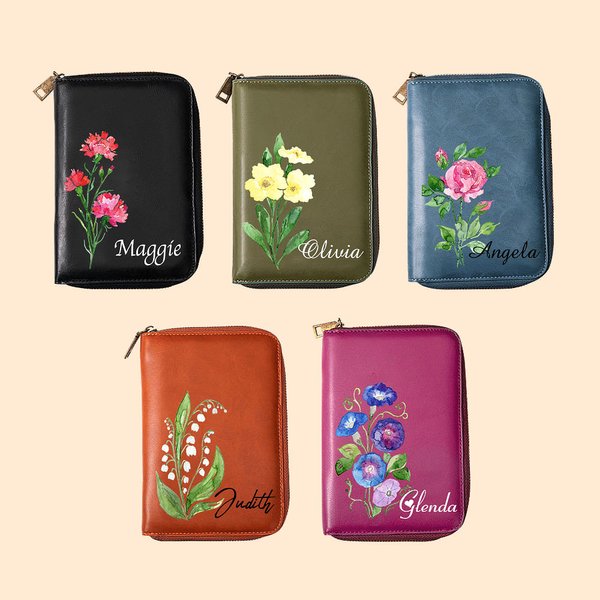 Organizador de cuaderno de piel personalizado con nombre y cuaderno de flores de acuarela de nacimiento Accesorios de viaje Regalo de cumpleaños para 