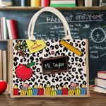 Personalised Cute Cartoon Apple Pencil Jute Tote Bag with Name Teacher's Day Appreciation Gift for Teacher