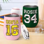 Personalised Multicolour Softball Baseball 12oz Wine Tumbler with Name Number and Lid Birthday Sport Accessories Gift for Softball Baseball Lover