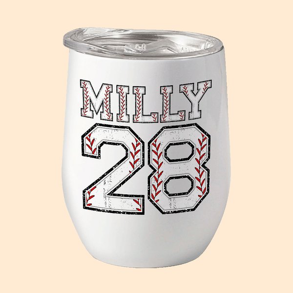Personalized Multicolor Softball Baseball 12oz Wine Tumbler with Name Number and Lid Birthday Sport Accessories Gift for Softball Baseball Lover