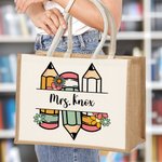 Personalised Cute Cartoon Apple Pencil Jute Tote Bag with Name Teacher's Day Appreciation Gift for Teacher