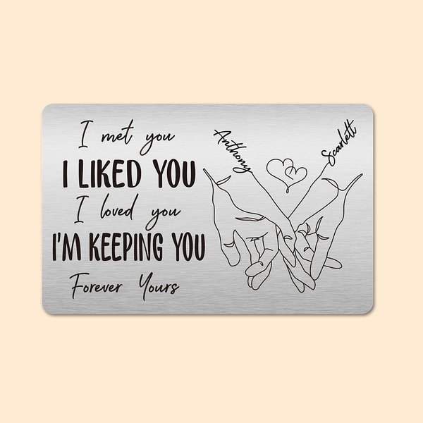 Carte de Portefeuille Personnalisée avec Noms Main dans la Main Cadeau d'Anniversaire pour Couple