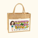 Personalised Cute Girl Summer Vibes Plant Jute Tote Bag with Name Holiday Beach Party Birthday Gift for Women