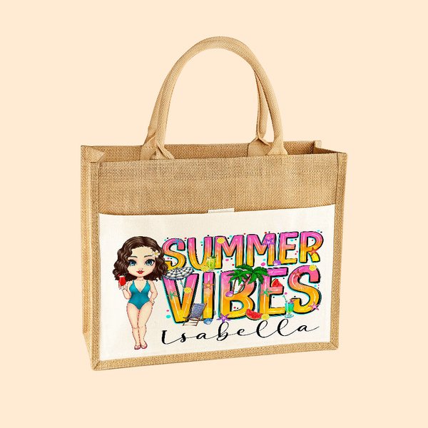 Personalised Cute Girl Summer Vibes Plant Jute Tote Bag with Name Holiday Beach Party Birthday Gift for Women