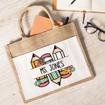 Gepersonaliseerde Schattige Cartoon Appelpotlood Grote Jute Draagtas met Naam en Katoenen Zakje Teacher's Day Waarderingsgeschenk voor Leraar