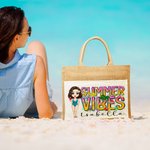 Personalised Cute Girl Summer Vibes Plant Jute Tote Bag with Name Holiday Beach Party Birthday Gift for Women