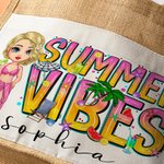 Personalised Cute Girl Summer Vibes Plant Jute Tote Bag with Name Holiday Beach Party Birthday Gift for Women