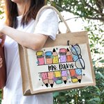 Gepersonaliseerde Schattige Cartoon Appelpotlood Grote Jute Draagtas met Naam en Katoenen Zakje Teacher's Day Waarderingsgeschenk voor Leraar