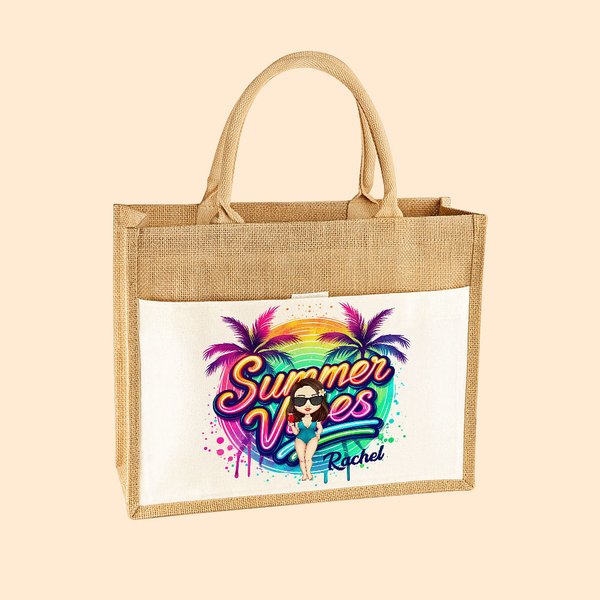 Personalised Summer Vibes Reusable Cotton Pocket Jute Tote Bag with Name Beach Wedding Party Gift for Women