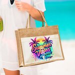 Personalised Summer Vibes Reusable Cotton Pocket Jute Tote Bag with Name Beach Wedding Party Gift for Women