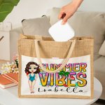 Personalised Cute Girl Summer Vibes Plant Jute Tote Bag with Name Holiday Beach Party Birthday Gift for Women
