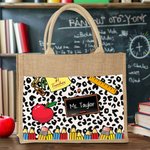 Gepersonaliseerde Schattige Cartoon Appelpotlood Grote Jute Draagtas met Naam en Katoenen Zakje Teacher's Day Waarderingsgeschenk voor Leraar