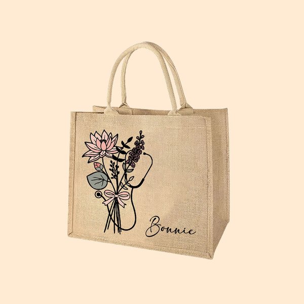 Estetoscopio Personalizado Nacimiento Flor Lazo Bolsa de Yute de Gran Capacidad con Nombre Agradecimiento Regalo de Graduación para Enfermera Doctora Estudiante de Medicina