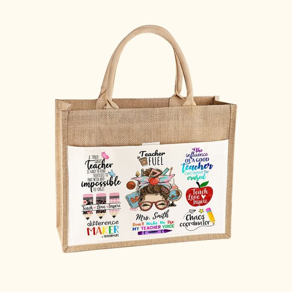 Personalizzato Cute Cartoon Apple Pencil Large Tote Bag con nome e tasca in cotone Regalo di apprezzamento per la festa dell'insegnante