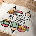 Gepersonaliseerde Schattige Cartoon Appelpotlood Grote Jute Draagtas met Naam en Katoenen Zakje Teacher's Day Waarderingsgeschenk voor Leraar