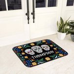 Felpudo de calavera de azúcar floral mexicano personalizado con nombre Antideslizante Decoración para el hogar Día de los Muertos Regalo de inauguración para un amigo de la familia
