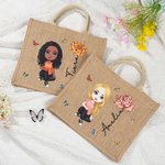 Personalisierte Cartoon-Charakter Jute-Tasche mit Geburtsblume Namen Große Kapazität Tote Bag Muttertag Geburtstag Geschenk für Damen Mädchen