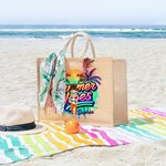 Personalized Cartoon Woman Coconut Tree Summer Vibes Jute Tote Bag with Name Holiday Beach Travel Essentials Gift for Woman