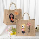 Personalisierte Cartoon-Charakter Jute-Tasche mit Geburtsblume Namen Große Kapazität Tote Bag Muttertag Geburtstag Geschenk für Damen Mädchen